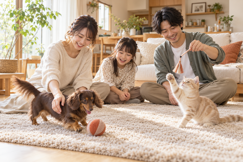 明るいリビングで、家族がミニチュアダックスと猫と一緒におもちゃで遊ぶ様子。